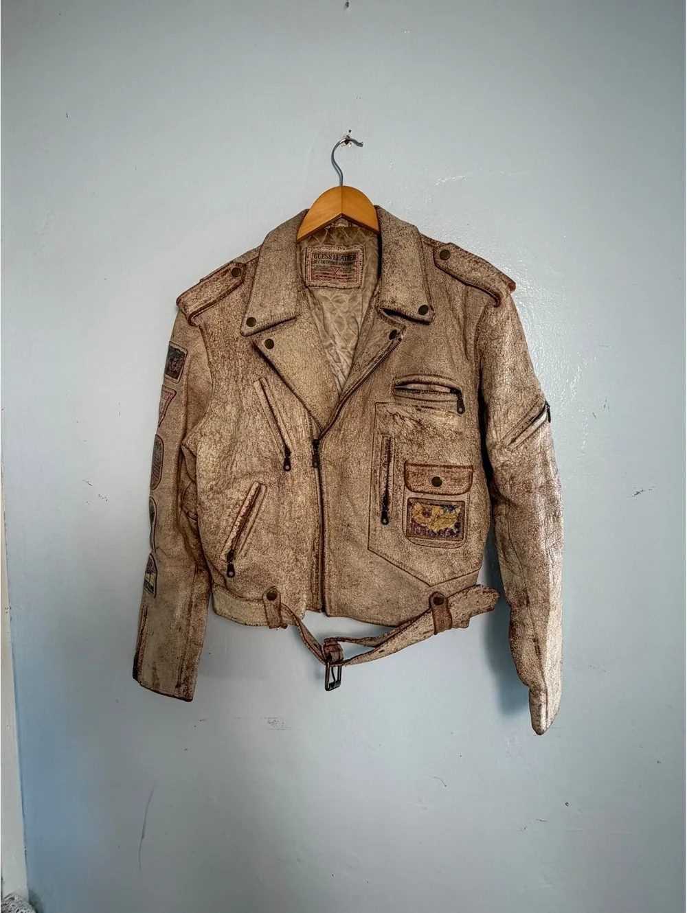 Vintage Guess By George Marciano Leather Motorcycle Jacket with Travel Patches